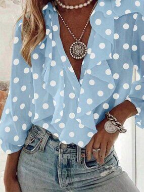 Baby Blue Casual Women's Polka Dot Ruffle Blouse